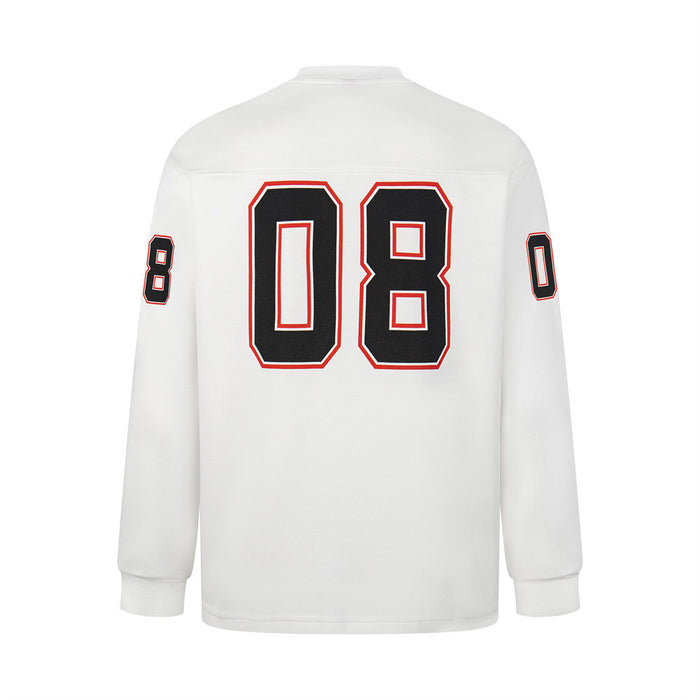 White long-sleeve football jersey back featuring a large black number 08 outlined in red