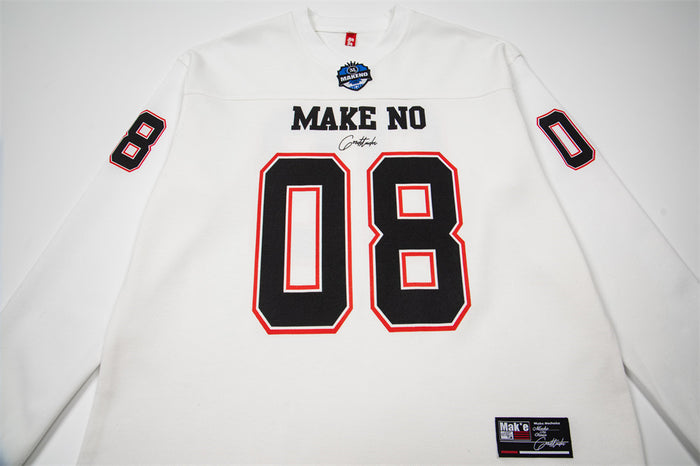 Flat lay of the white football jersey front with black and red number 08, Make No text, and sleeve numbers