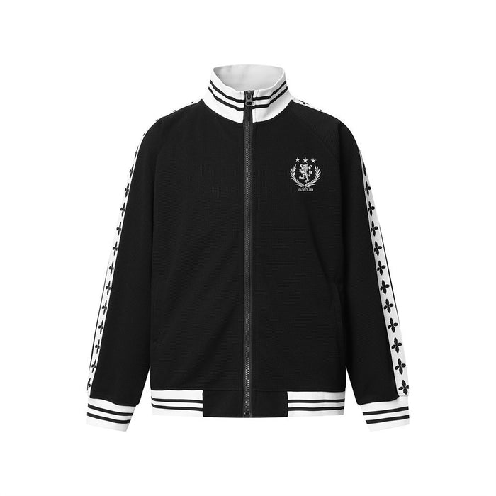 Men's waffle knit track jacket and wide-leg sweatpants set with cross tape stripe detail in black and navy blue