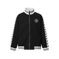 Men's waffle knit track jacket and wide-leg sweatpants set with cross tape stripe detail in black and navy blue