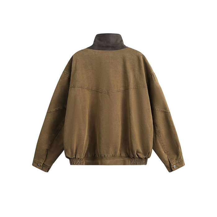 Brown washed canvas bomber jacket shown from the back with a high collar, long sleeves, and elastic hem