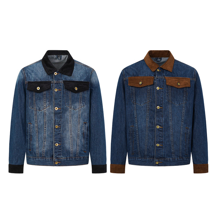 Two blue denim jackets shown front-facing, one with a black corduroy collar and cuffs and one with brown trim