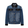 Men's washed blue denim trucker jacket with black corduroy collar, chest pocket flaps, and ribbed cuffs, front view
