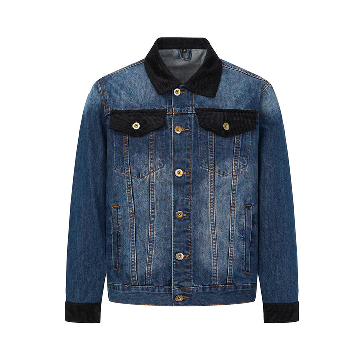 Men's washed blue denim trucker jacket with black corduroy collar, chest pocket flaps, and ribbed cuffs, front view