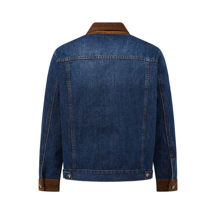 Back view of a blue denim jacket featuring a brown corduroy collar and cuffs with stitched panel detailing