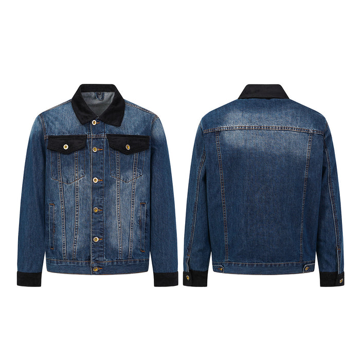 Blue denim jacket shown in front and back views with a black corduroy collar, cuffs, and chest pocket flaps