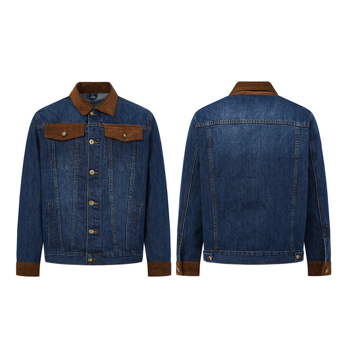 Blue denim jacket shown in front and back views with a brown corduroy collar, cuffs, and chest pocket flaps