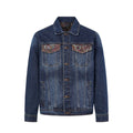 Men's washed blue denim trucker jacket with paisley jacquard chest pocket panels, front and back view