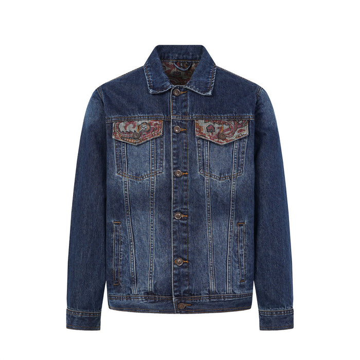 Men's washed blue denim trucker jacket with paisley jacquard chest pocket panels, front and back view
