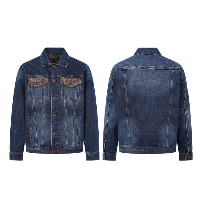 Washed dark blue denim jacket shown in front and back views with paisley chest pocket panels