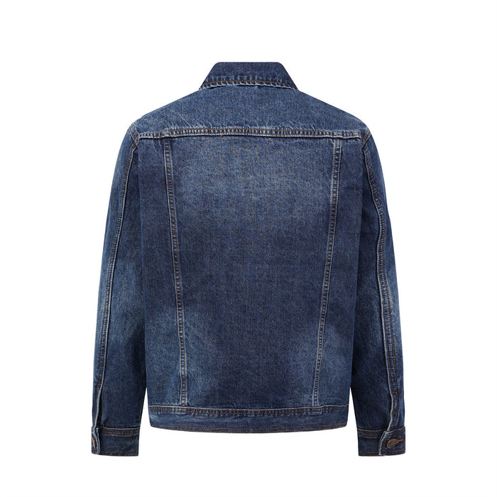 Back view of a washed dark blue denim jacket with stitched yoke, sleeves, collar, and hem