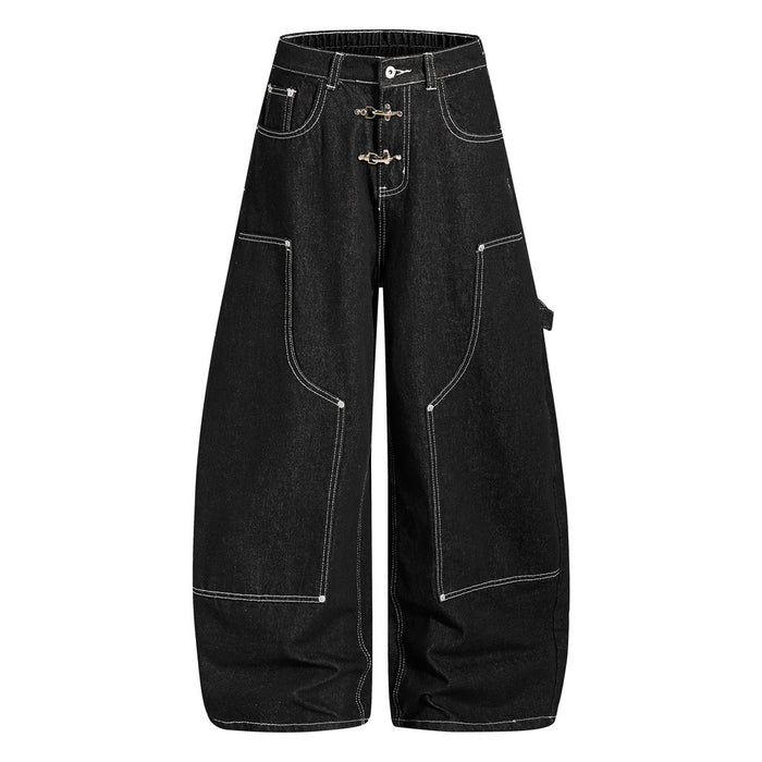 Men's black wide-leg barrel cargo jeans with white contrast stitching and metal clasp closure, front and back view