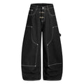 Men's black wide-leg barrel cargo jeans with white contrast stitching and metal clasp closure, front and back view