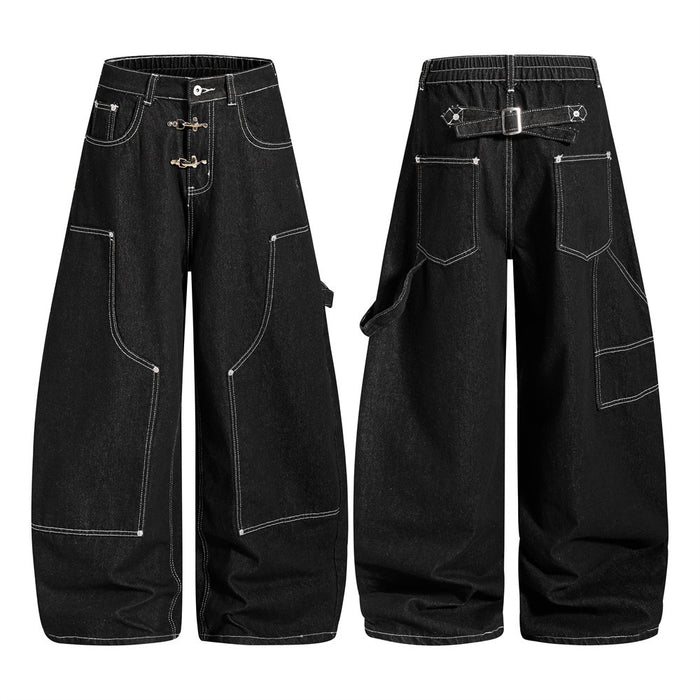Black wide-leg cargo jeans shown front and back with white contrast stitching, clasp fly and rear buckle