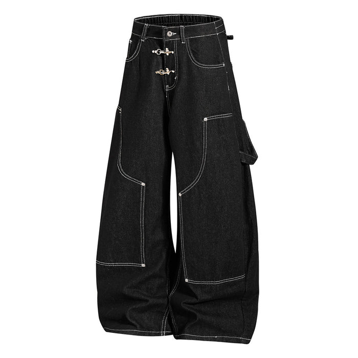 Front view of black wide-leg cargo jeans with white stitching, clasp closure and large outlined leg pockets