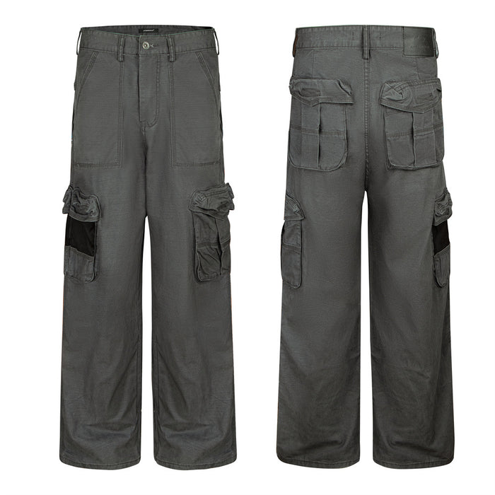 Men's washed grey wide-leg cargo pants with multi-pocket design, front and back view