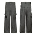 Men's washed grey wide-leg cargo pants with multi-pocket design, front and back view