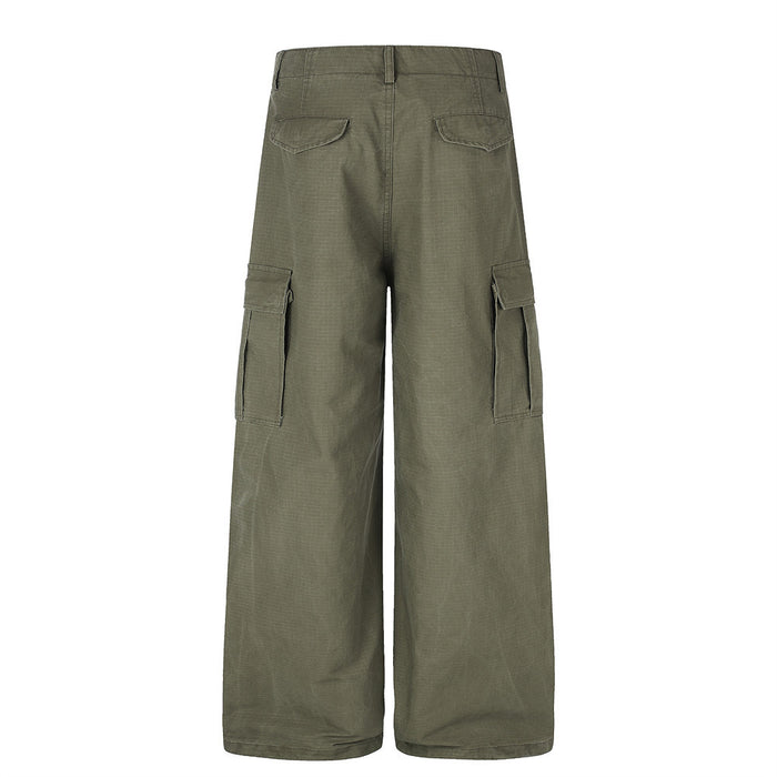 Back view of olive green wide-leg cargo pants with flap-back pockets and side cargo pockets