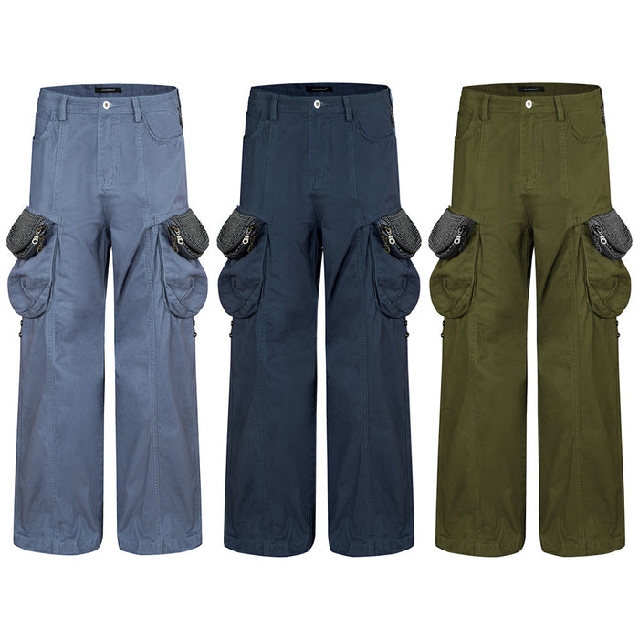 Wide-leg cargo pants shown in light blue, navy, and olive green with multiple oversized utility pockets