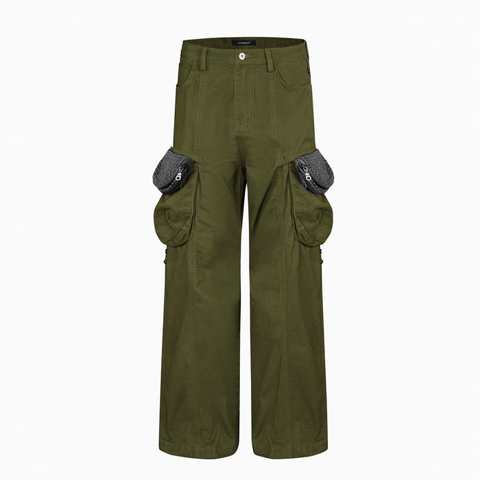 Men's wide-leg cargo pants in army green with oversized balloon side pockets and mesh zipper detailing, front and back view