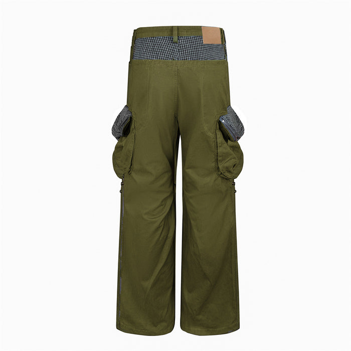 Back view of olive green wide-leg cargo pants with large side cargo pockets and a contrasting patterned waistband