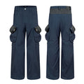 Navy wide-leg cargo pants shown from the front and back with multiple cargo pockets and contrasting patterned waistband panels