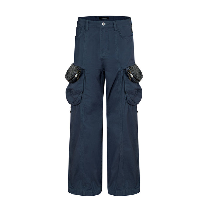 Navy blue wide-leg cargo pants in a front view with button closure, front pockets, and oversized side cargo pockets