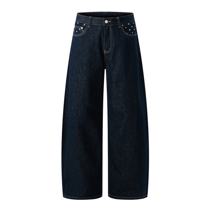 Men's dark navy wide-leg jeans with star embroidery on front pockets and back waistband, white contrast stitching, barrel fit