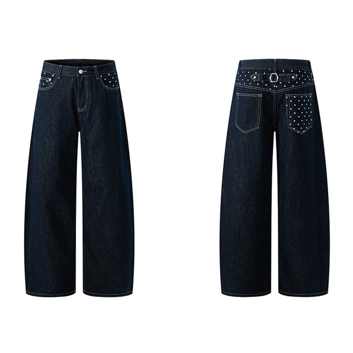 Dark indigo wide-leg jeans shown from the front and back, with white star detailing on pockets and waistband