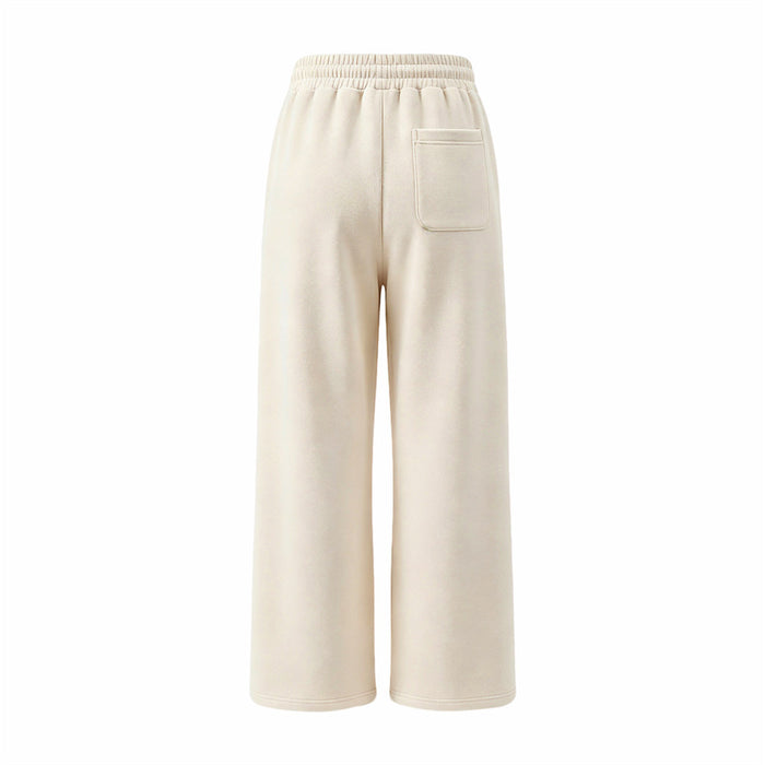 Cream wide-leg sweatpants shown from the back with an elastic waistband and single rear patch pocket