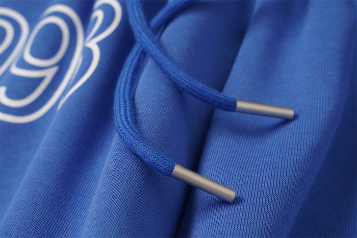 Close-up of blue drawstring sweatpants showing metallic-colored cord tips