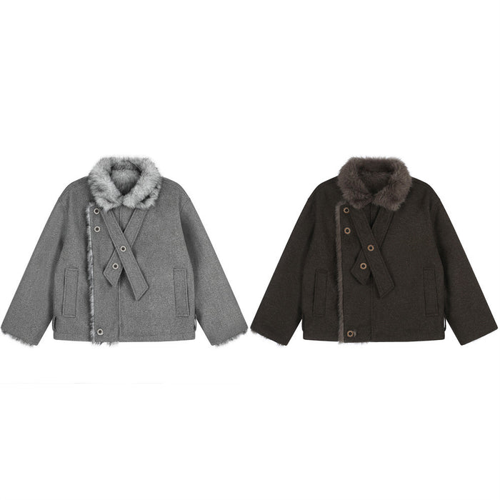 Oversized winter jacket shown in gray and dark brown, with faux fur collars, front buttons, and flap pockets