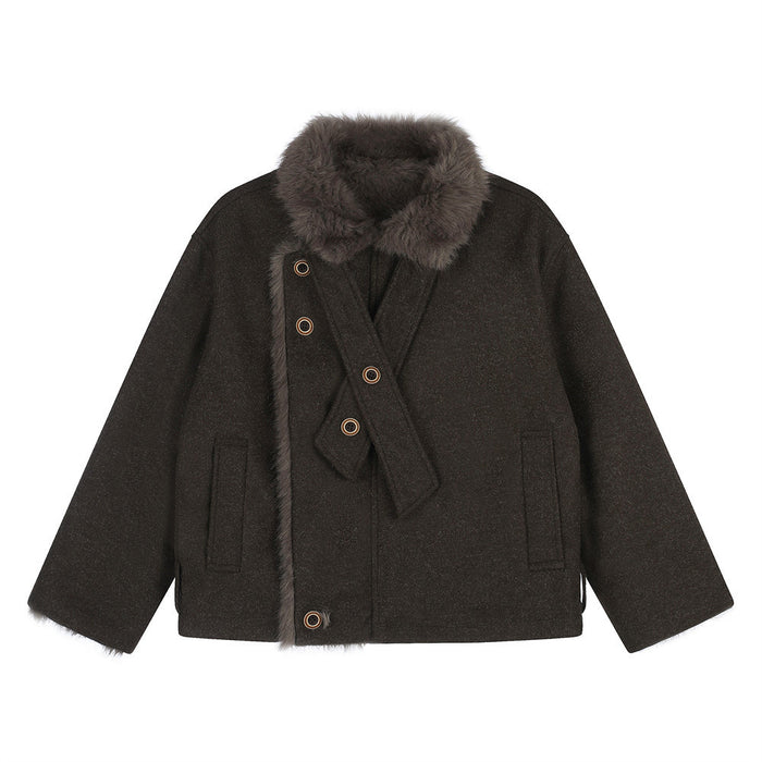 Dark brown oversized jacket front with a plush faux fur collar, diagonal buttoned closure, and two front pockets