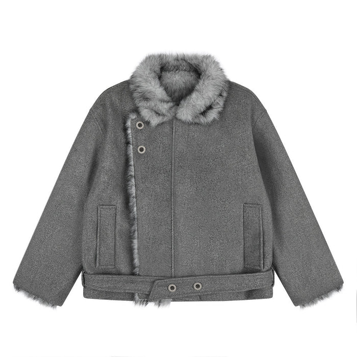 Gray oversized jacket front with a plush faux fur collar, vertical pockets, and a buttoned waist strap