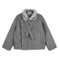 Gray jacket front featuring a faux fur collar, diagonal buttoned closure, flap pockets, and a wool-like texture
