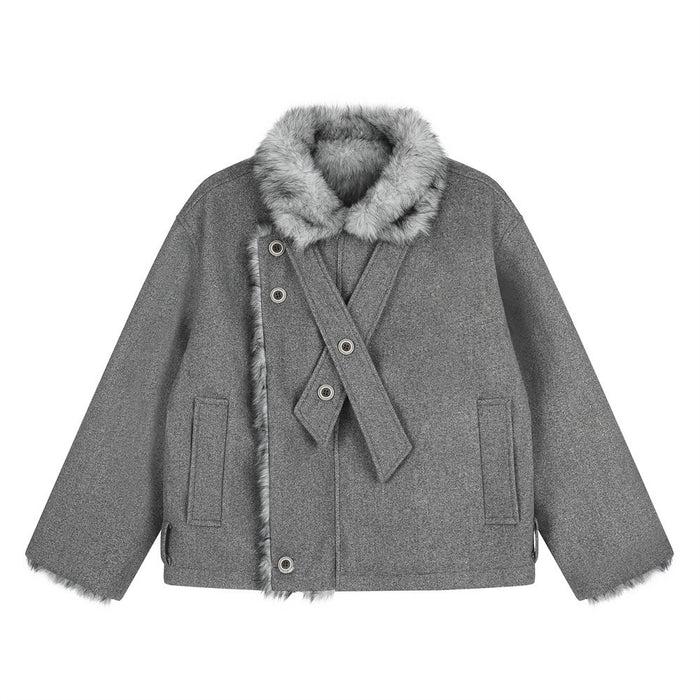 Gray jacket front featuring a faux fur collar, diagonal buttoned closure, flap pockets, and a wool-like texture