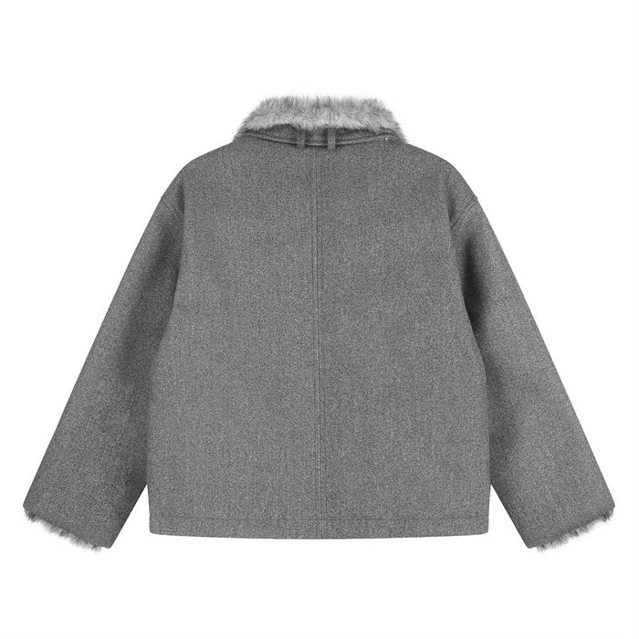 Back view of the gray oversized jacket with a plain panel, long sleeves, and faux fur collar