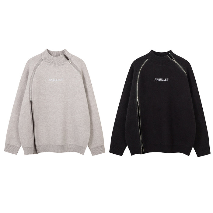 Gray and black knit mock-neck sweaters displayed front-facing with diagonal silver zippers and ribbed cuffs