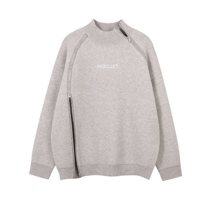 AKBULLET mens zip up sweater with diagonal front zipper and mock-neck collar in heather grey