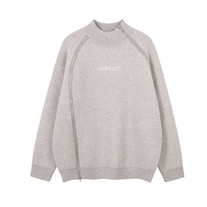 Front view of a light gray knit mock-neck sweater with a diagonal zipper and white chest logo