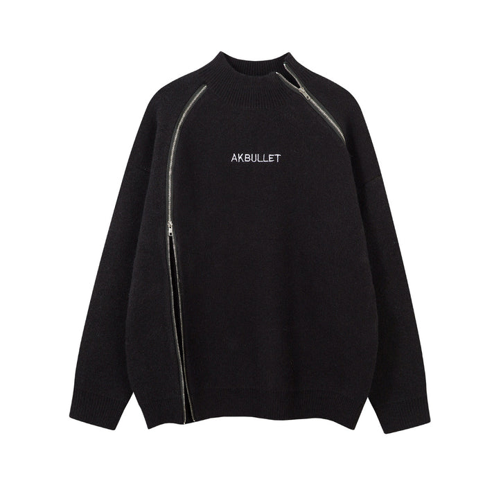 Front view of a black knit mock-neck sweater with diagonal silver zippers and a white chest logo