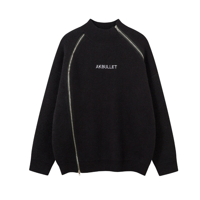 Black knit mock-neck sweater shown from the front with diagonal zipper detailing and ribbed edges