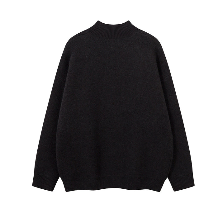 Back view of a black knit mock-neck sweater with a plain design and ribbed collar, cuffs, and hem