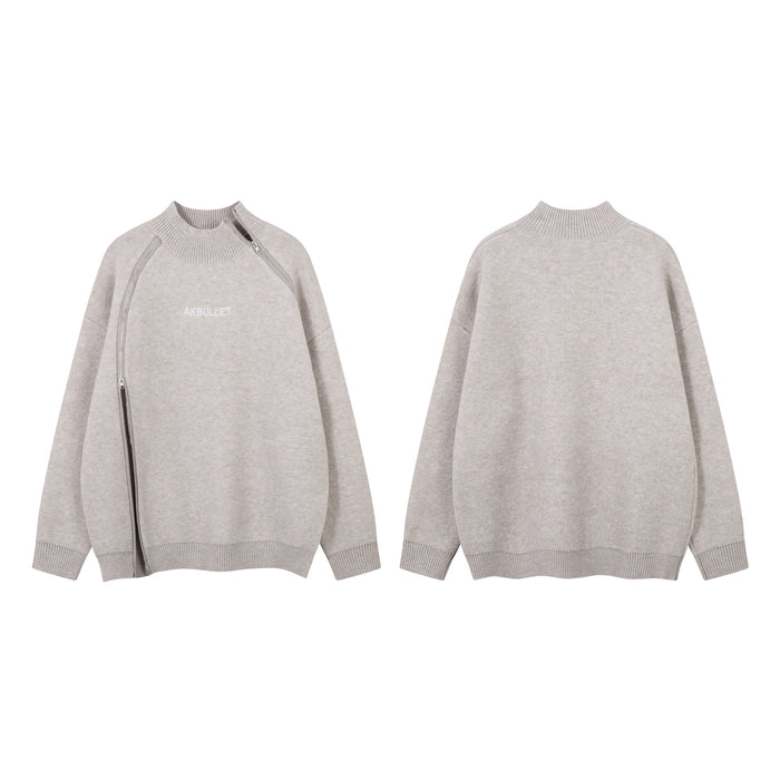 Light gray knit sweater shown in front and back views, featuring a diagonal zipper and ribbed trim