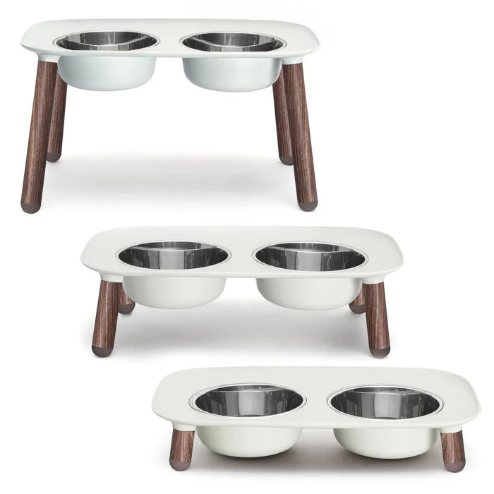Messy Mutts Adjustable Elevated Double Feeder with Stainless Bowls Grey Wood 5 Cups