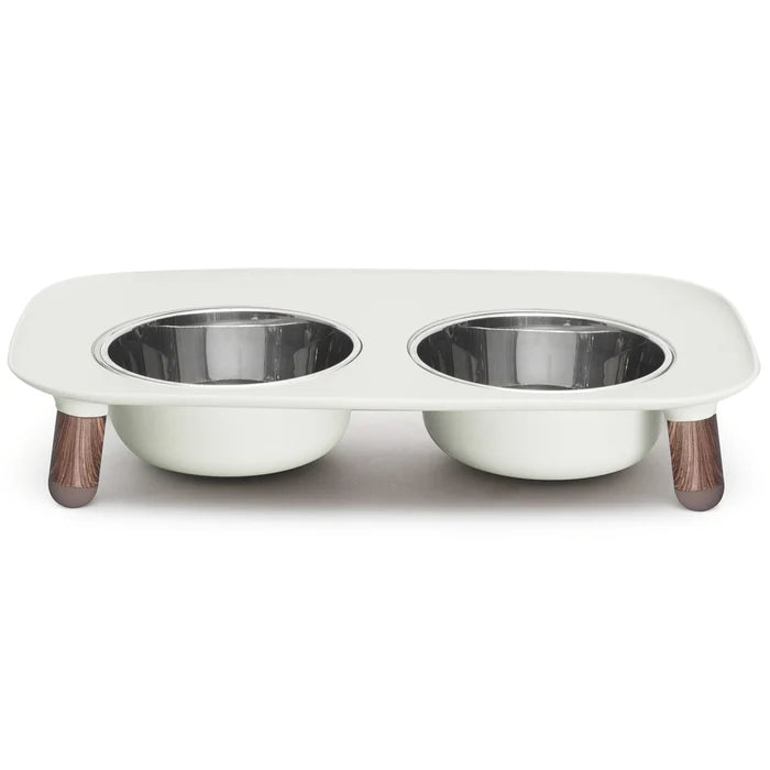 Messy Mutts Adjustable Elevated Double Feeder with Stainless Bowls Grey Wood 5 Cups