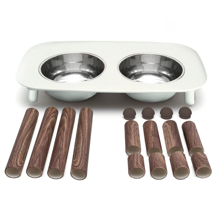 Messy Mutts Adjustable Elevated Double Feeder with Stainless Bowls Grey Wood 5 Cups
