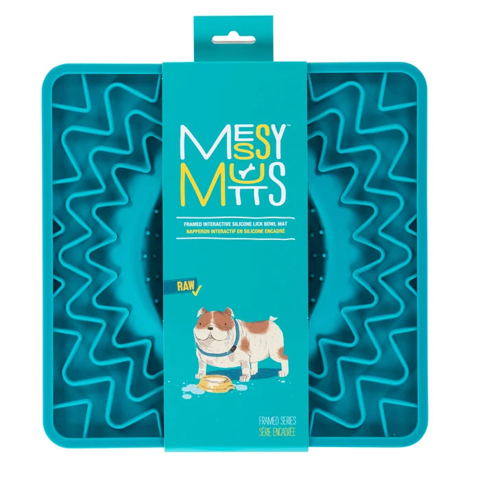 Messy Mutts Framed Spill Resistant Silicone Interactive Lick Bowl Mat Blue 10" x 10"
