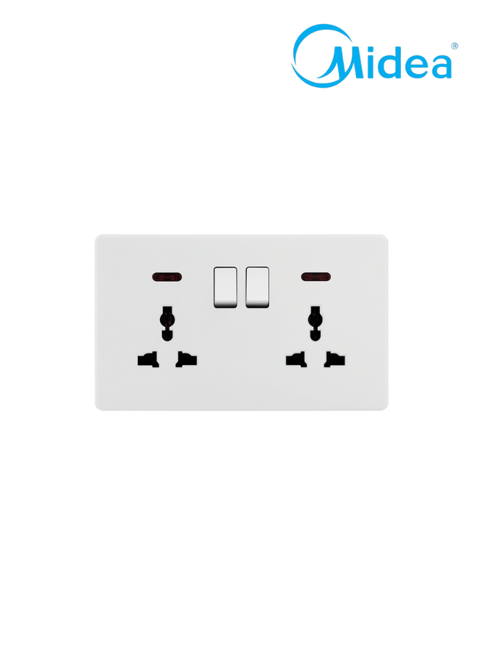 Midea T2 Series 13A 2 Gang Double Universal Socket With Neon Power Indication White Colour