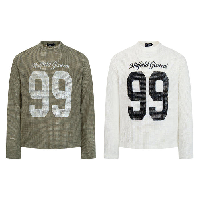 Two waffle-knit mock-neck shirts shown front-facing in olive green and white, each with Midfield General and 99 graphics